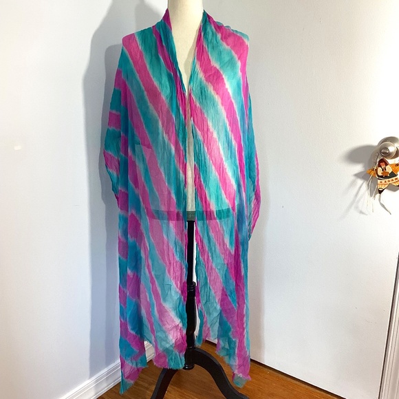 WOMAN'S BEACH WRAP PARREO SCARF TURQUOISE LILAC STRIPES CRINKLED CHIFFON - Picture 1 of 7
